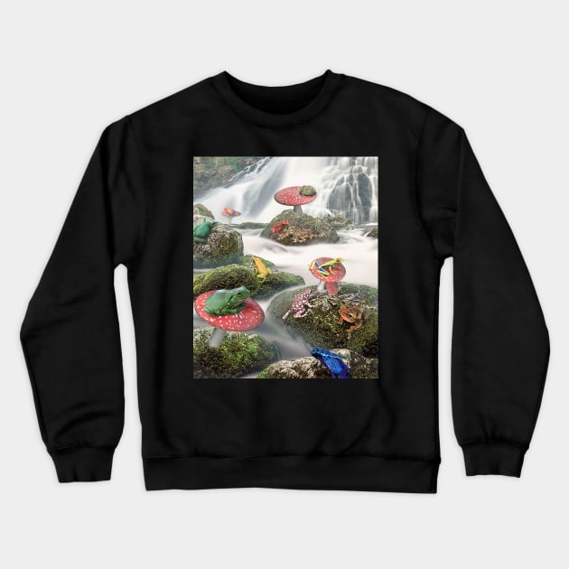 Frog Frogs Sitting On Mushroom Toadstool In Forest River Crewneck Sweatshirt by Random Galaxy